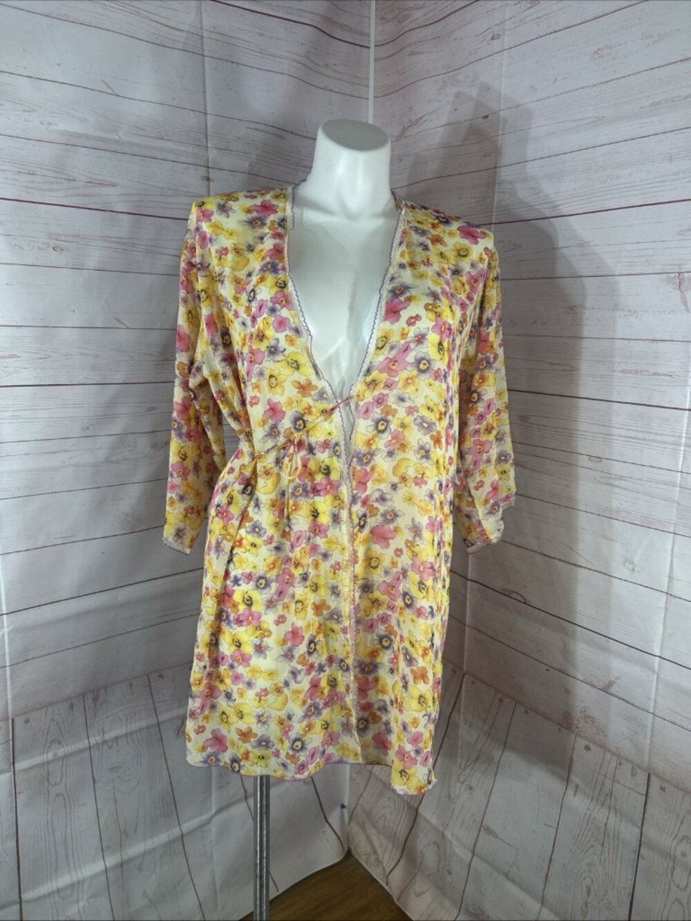 Josie Natori Robe Women’s Large Multicolor Floral Kimono Lightweight Tie front